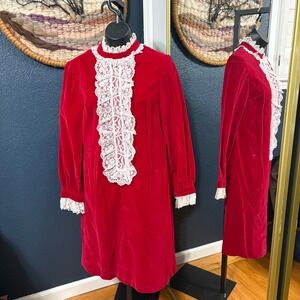 Vintage‎ Velvet Lace Trim Dress Womens Red Holiday Victorian Style